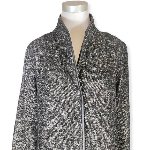 ⚜️ EILEEN FISHER ⚜️ sz L black tweed & leather lighter coat jacket transitional - Picture 5 of 11